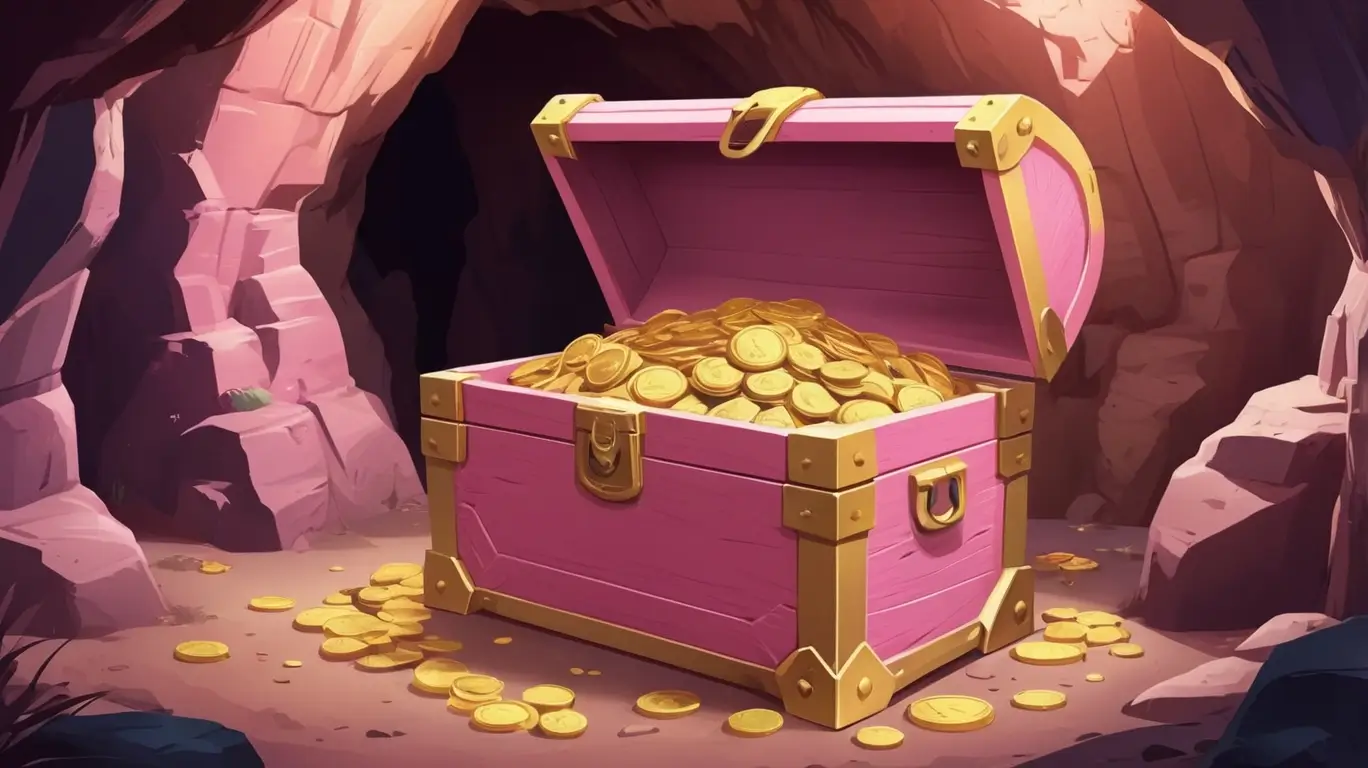 Image of a pink and gold chest with coins in a cave setting